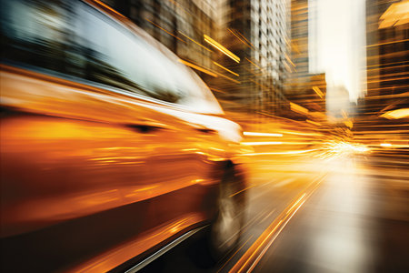 Blurred bokeh effect of cityscape with car driving through urban buildings in backgroundの素材
