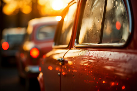 Vintage car headlights with beautiful blurred bokeh effect of vibrant sunset in the backgroundの素材