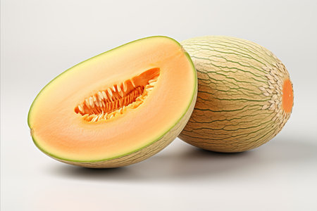 Fresh and juicy cantaloupe fruit isolated on white background, ideal for high quality advertisingの素材