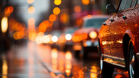 Enchanting blurred bokeh vintage car headlights with captivating sunset glow in the backgroundの素材