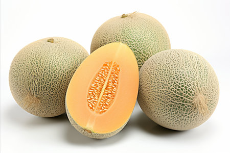 Fresh and juicy cantaloupe fruit isolated on white background for advertising and designの素材