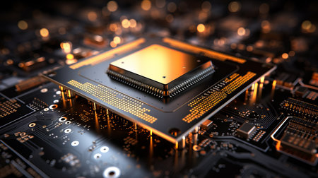 Close up of computer chip with intricate circuitry and glowing components in dreamy bokeh backgroundの素材