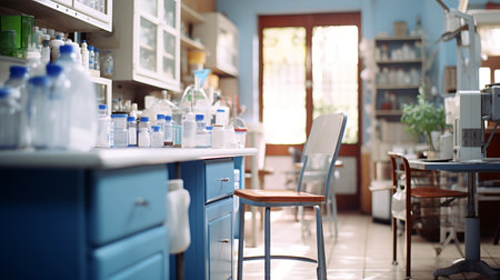 Sleek and organized pharmacy interior with blue and white tones and bokeh blurred backgroundの素材