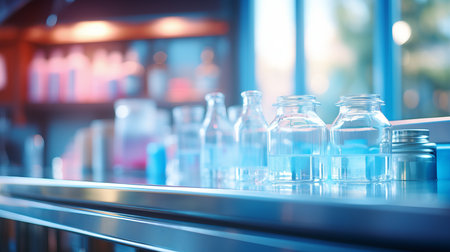 Sleek modern pharmacy interior with organized medication displays in light blue and whiteの素材