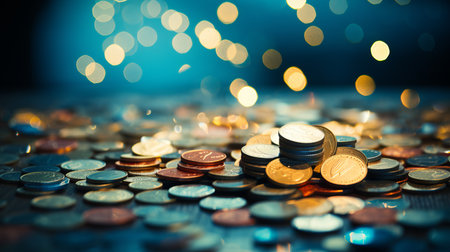 Blurred bokeh with finance themed coins, banknotes, and symbols in a vibrant color paletteの素材