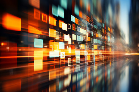Abstract blurred bokeh background with dynamic light streaks and technology componentsの素材