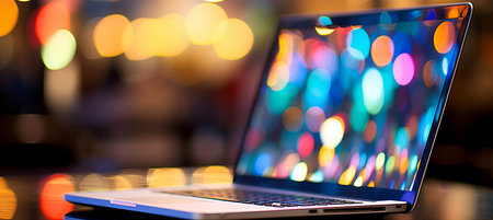 Blurred bokeh effect  sleek laptop on desk with vibrant abstract bokeh background and shapesの素材