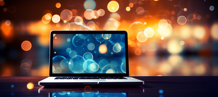 Vibrant bokeh background with sleek laptop on desk, creating a captivating modern workspace sceneの素材