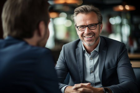 Financial advisor meeting with client in cozy office with bokeh background of documents