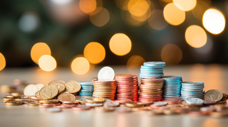 Blurred bokeh effect with finance themed coins, banknotes, and financial symbols in colorful paletteの素材