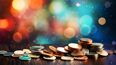 Vibrant finance themed blurred bokeh background with coins, banknotes, and financial symbolsの素材