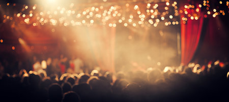 Enchanting blurred bokeh of a grand broadway theater stage with sparkling chandeliersの素材