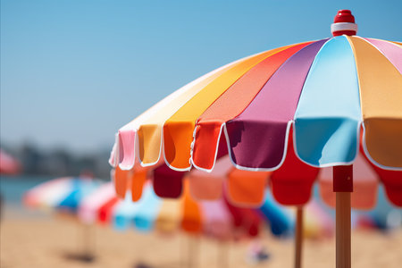 Tropical beach with waves, palm trees, and umbrellas, perfect for showcasing tropical products.の素材