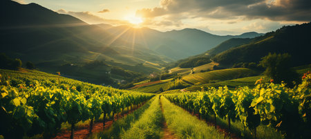 Golden sunset over lush vineyard  ideal for wine promotions, events, and product showcasingの素材