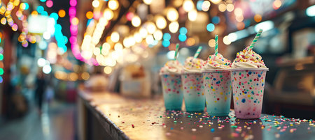 Blurred bokeh background with iced beverages and appetizing snacks on sunlit outdoor patio sceneの素材