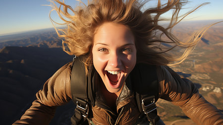 Euphoric and exhilarated woman gracefully parachuting from an airplane in thrilling free fallの素材