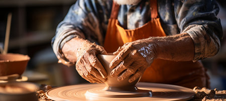 Potter skillfully crafting matching ceramics on a pottery wheel in a charming studio settingの素材