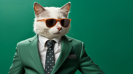 stylish cat in sunglasses and suit with tie, isolated on green background with copy spaceの素材
