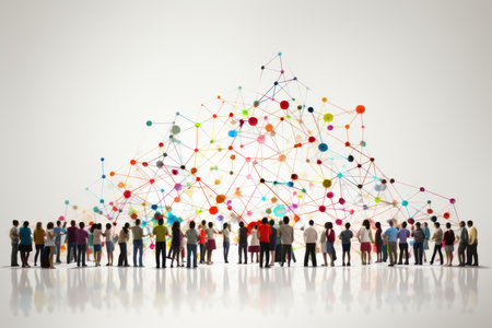 Collaborative teamwork and community network concept with infographics, devoid of peopleの素材