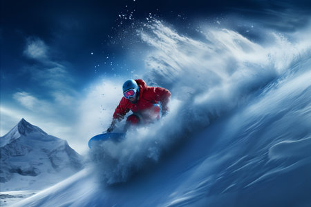 Experienced snowboarder conquers off piste ski slope with skill, embodying winter sports conceptの素材