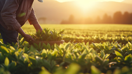 Close up of man s hands picking tea leaves in a bright summer field with abundant natural lightの素材