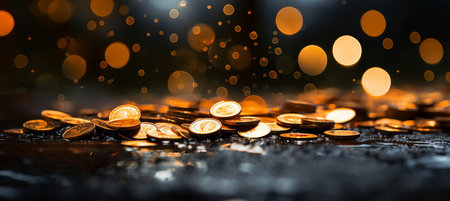 Blurred bokeh background with floating digital currency symbols depicting financial transactionの素材