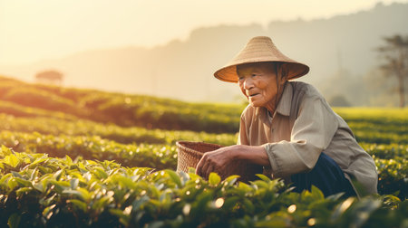 Smiling chinese man enjoying the bright summer day while picking tea in a sunlit fieldの素材