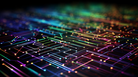 Bright colorful bokeh backdrop with digital circuit patterns in a technological themeの素材