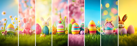 Vibrant easter mood products collage with white vertical lines and bright light white styleの素材