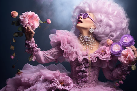 Elegant senior woman in carnival mask on vibrant studio background with text space for placementの素材