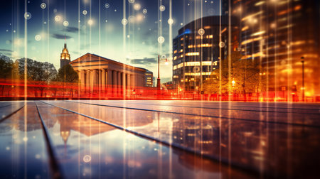 Abstract blurred bokeh background with financial data visualizations and banking iconsの素材