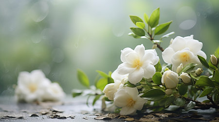 White gardenia flower on isolated magical bokeh background with copy space for text placementの素材
