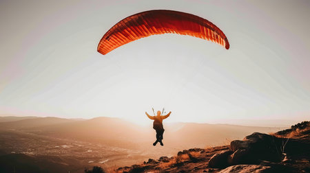 Thrilling aerial adventure  man paragliding alone, soaring through the skies on a sunny dayの素材