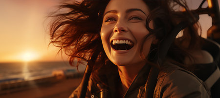 Capturing the intense and focused expression of a woman soaring through the skies while paraglidingの素材