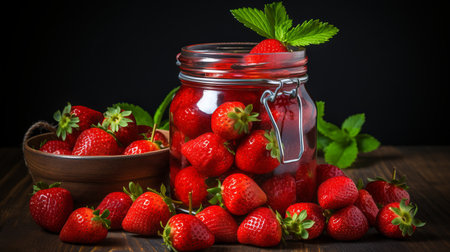 Sweet and tangy homemade strawberry jam in glass jar   perfect for breakfast and dessertsの素材