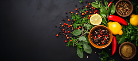 Vibrant green salad with veggies, seeds, and olive oil on black stonetop view, empty space for text.の素材