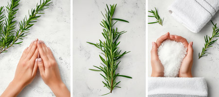 Personal care collage  segmented with white vertical lines and bright light white styleの素材