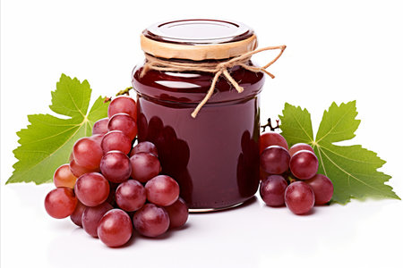 Delicious grape jam spread on white background with ample space for creative text placementの素材