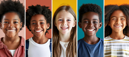 Collage of joyful children divided by white vertical lines in bright light white styleの素材