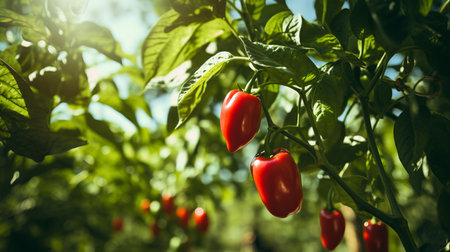 Vibrant bell paprika harvest  colorful peppers growing on an open plantation under the summer sun.の素材