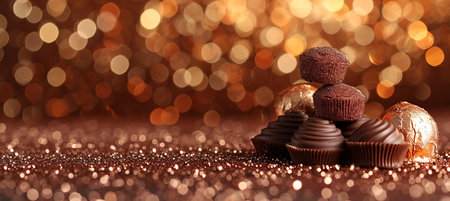Assorted chocolates on blurred bokeh background, vertical composition, sweet candy treatsの素材