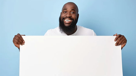 Handsome african american man holding blank white placard for text and ads on pastel blue backgroundの素材
