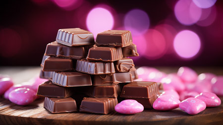 Assorted chocolates on blurred bokeh background   sweet candy treats with space for textの素材