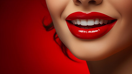 Close up of a woman with perfect red lips and a radiant smile, showcasing her clear white teeth.の素材