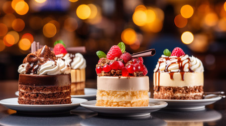 Elegant patisserie  sumptuous gourmet desserts and coffee in radiant bokeh backgroundの素材