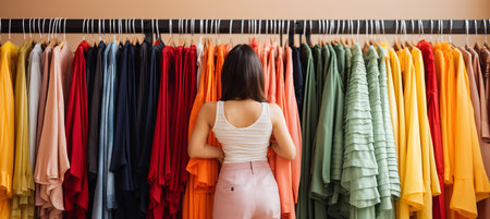 Stylish woman browsing clothing rack with blurred bokeh background in department storeの素材