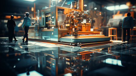 Highly skilled workers operating heavy machinery in a dynamic factory floor environmentの素材