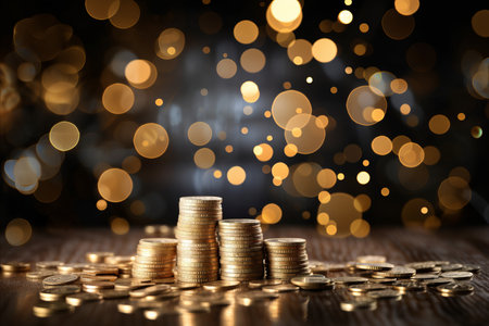 Blurred bokeh background with banking and finance symbols for financial concept designの素材