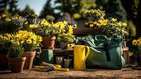 Gardening tools and flowerpots in a sunny garden, perfect for plant enthusiasts and gardenersの素材