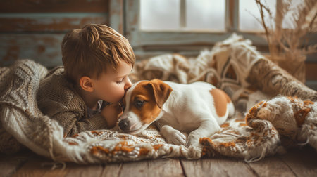 Adorable little boy lovingly kisses playful puppy by the window in a heartwarming sceneの素材